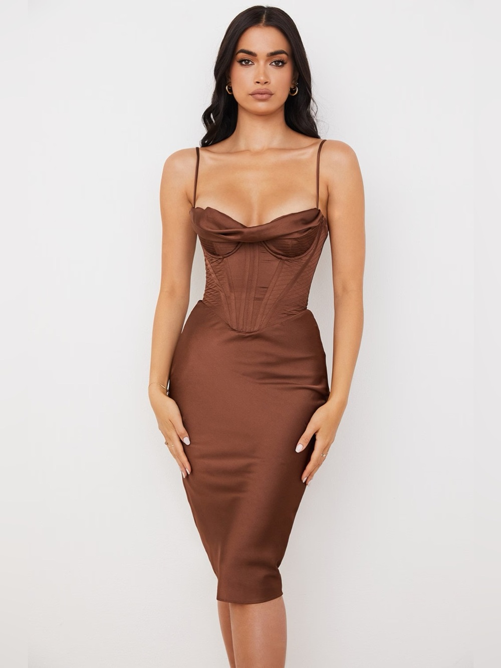 House of CB || Myrna Satin‎ Cowl Neck Midi Dress Corset Brown S Regular Cup NWT - Picture 2 of 13